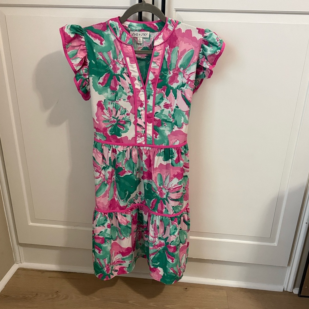 She + Sky Pink and Green Floral Dress